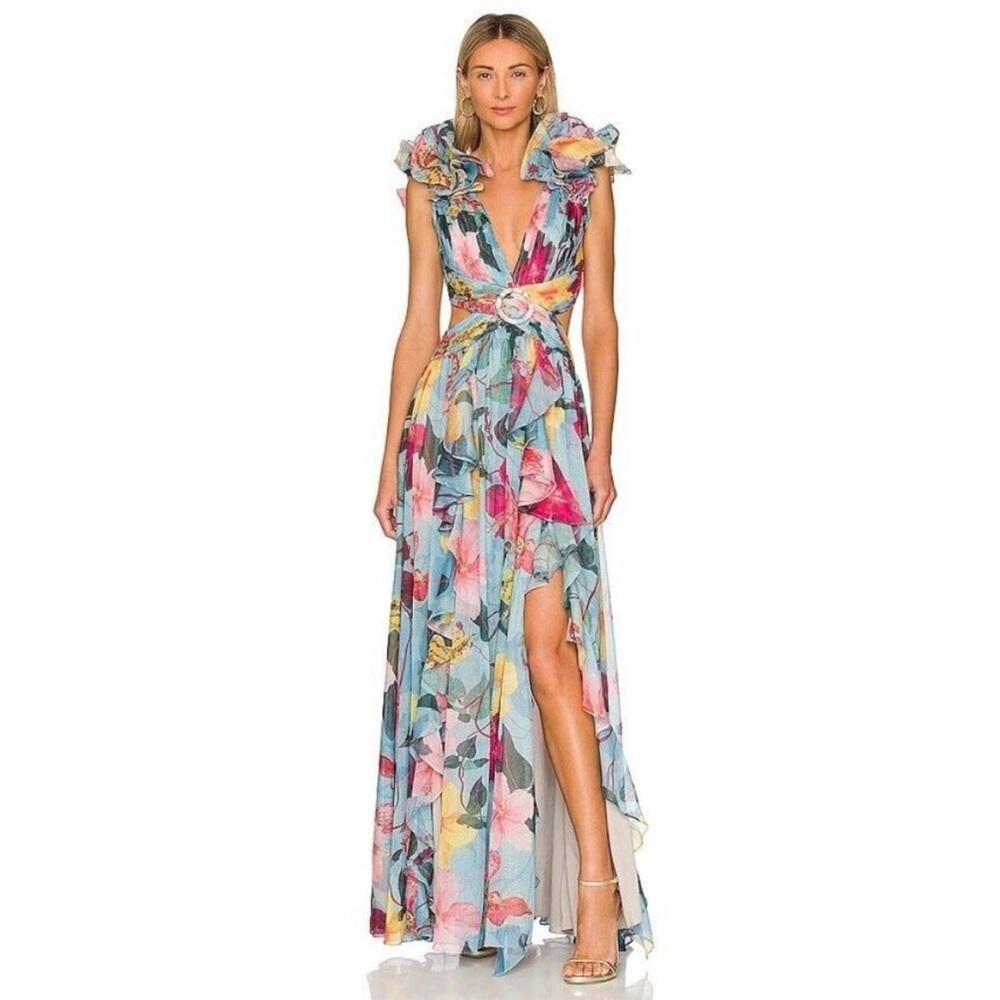 Patbo Celeste Hibiscus Flutter Sleeve Maxi Dress